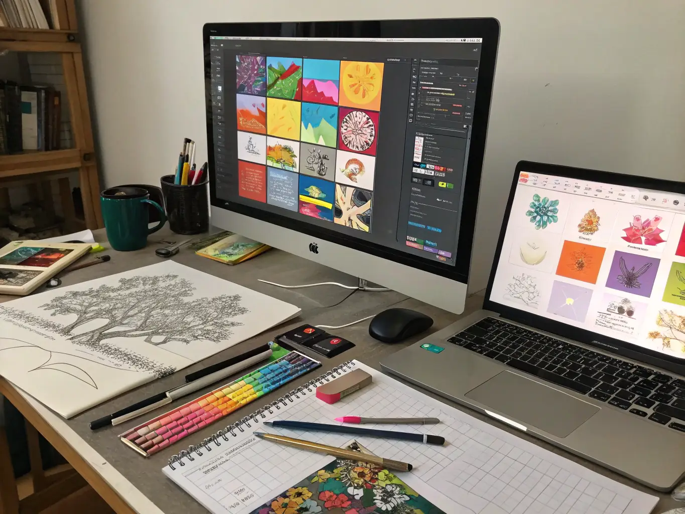 A vibrant image representing 'Creative Software, ' showcasing a digital canvas with various design tools, such as brushes, color palettes, and graphic elements, set in a creative studio environment.