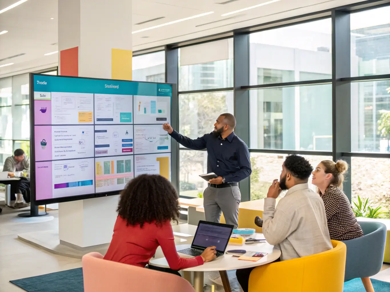 A visually appealing image representing 'Project Management Software, ' showing a digital dashboard with task assignments, progress charts, and team collaboration features, set in a modern office environment.