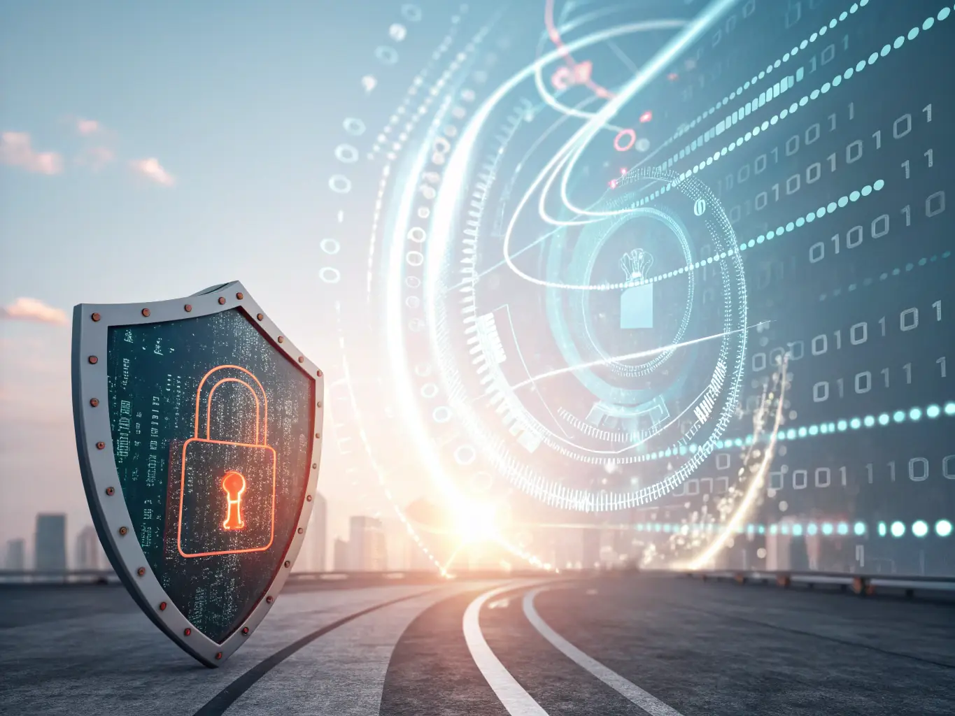 A captivating image depicting 'Cybersecurity Software, ' featuring a digital shield with various security icons, such as firewalls, antivirus, and encryption, against a backdrop of digital data streams.